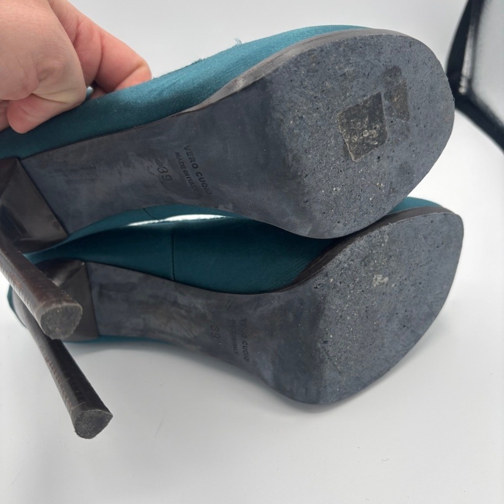 Lanvin Platform Pumps Women Sz 39 Teal Satin Buckle Stiletto Heel Luxury - Picture 13 of 16